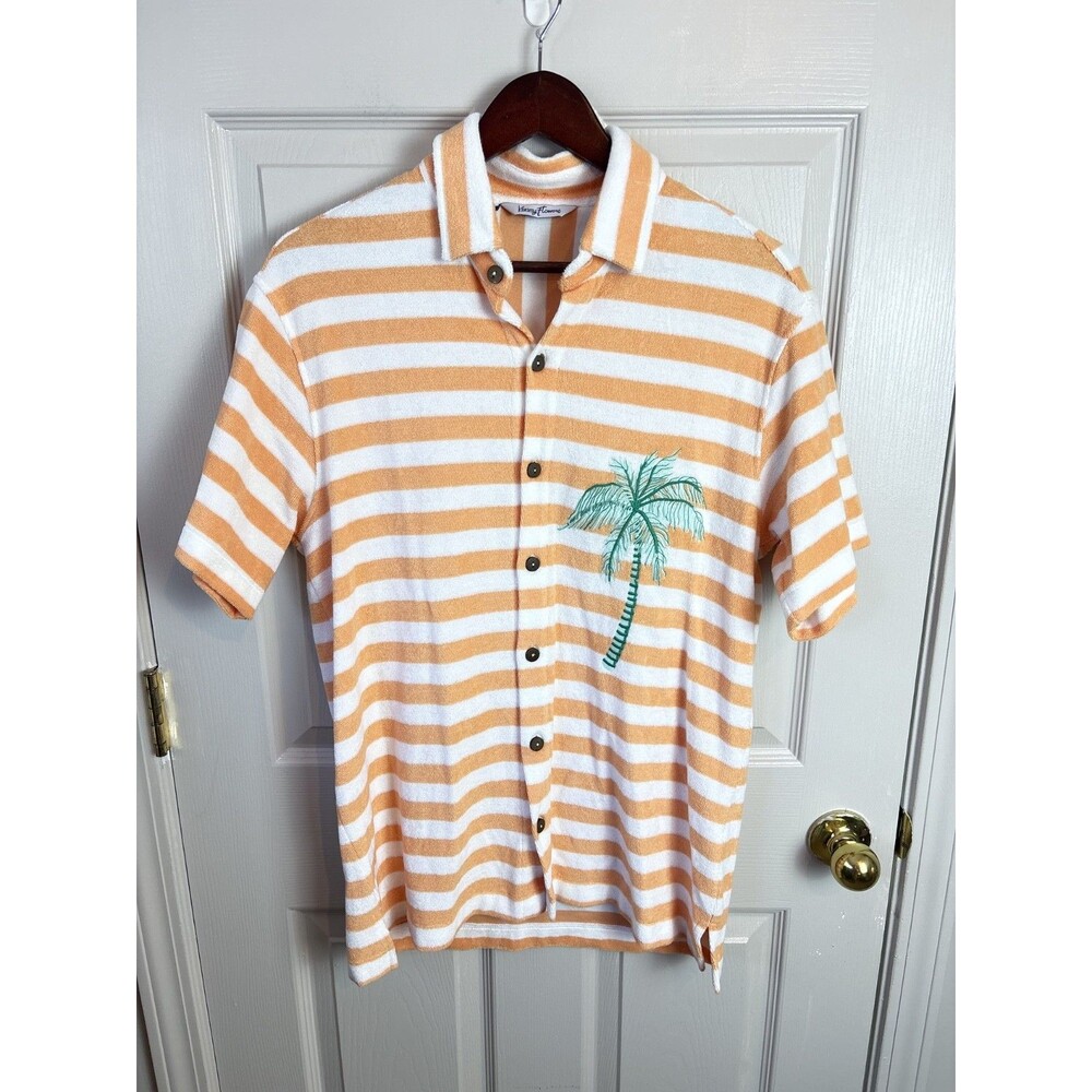 Kenny Flowers Orange White Palm Tree Terry Cloth Button Down Mens Medium - 475